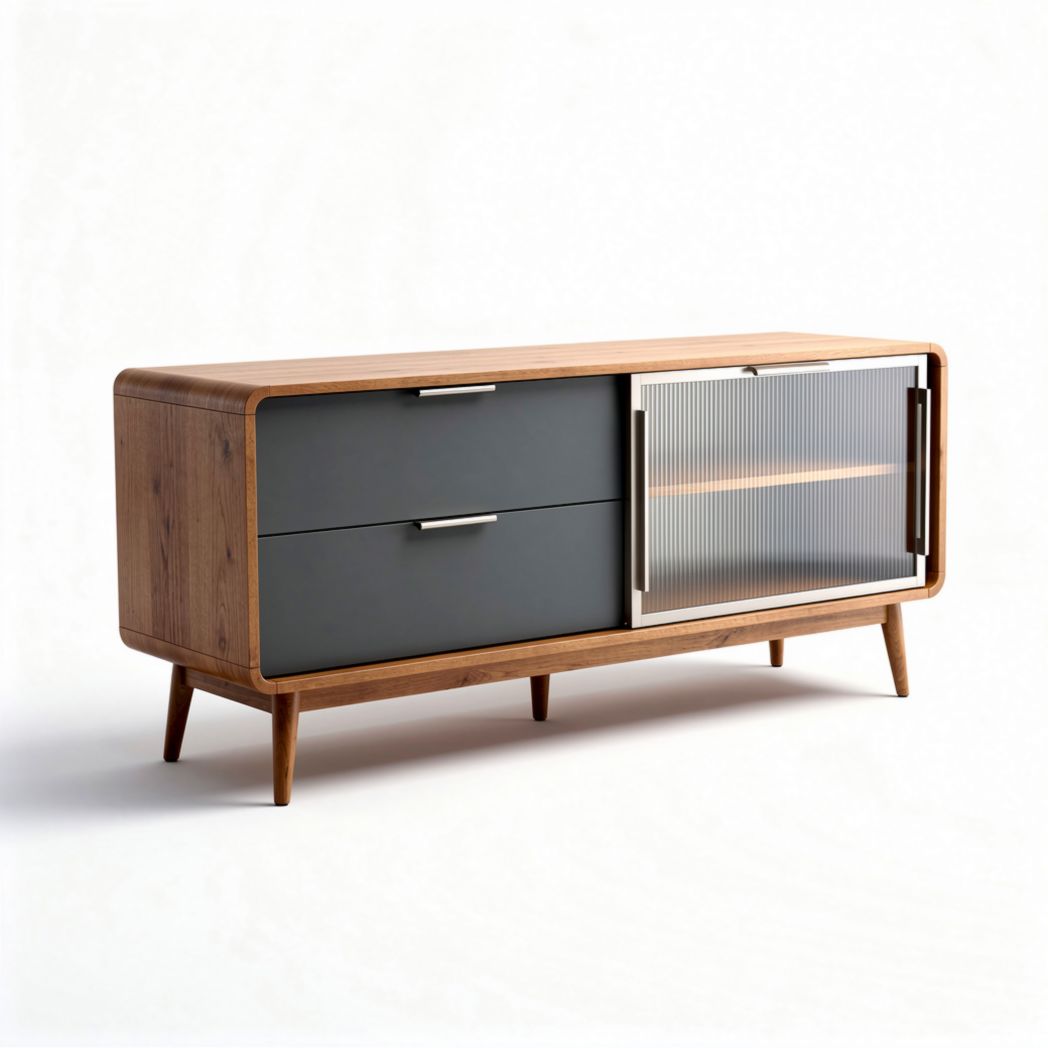 Modern wooden sideboard with two drawers and sliding glass door 120 x 45 x 75cm
