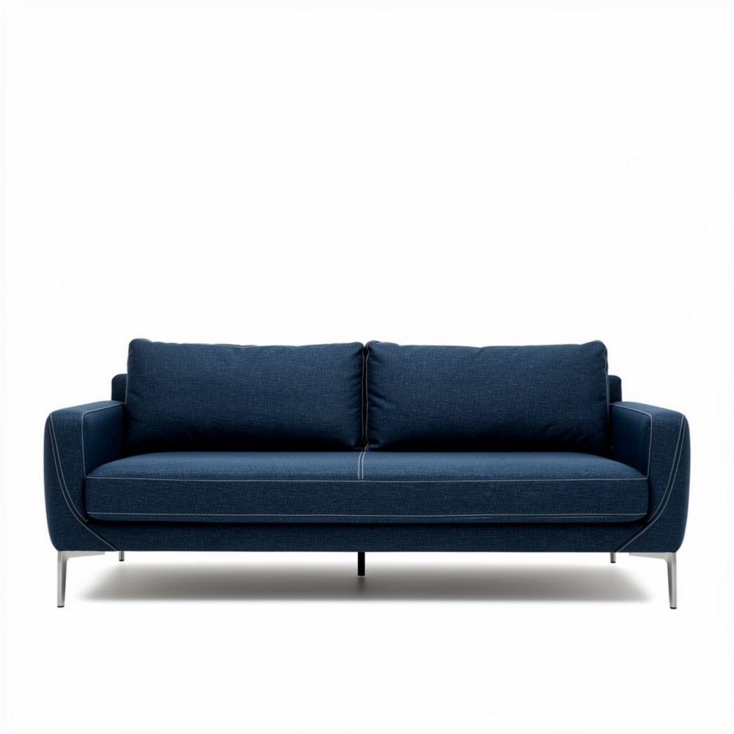 Modern navy blue fabric sofa with stainless steel legs 200 x 90 x 85cm