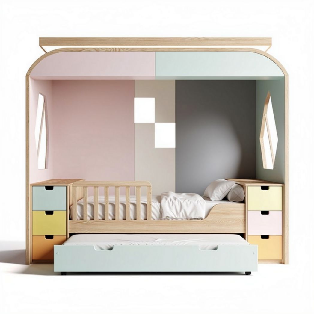 Children's wooden playhouse bed with storage drawers in pastel colors 200 x 100 x 150cm