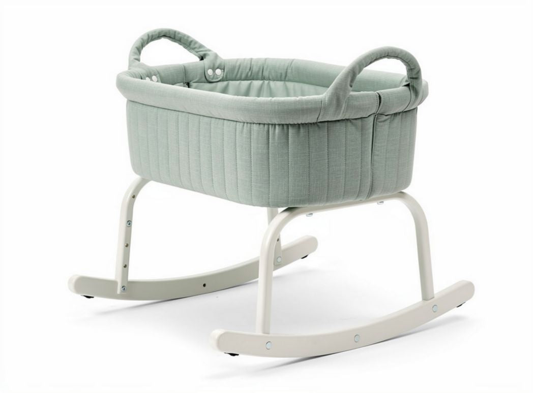Rocking baby bassinet in soft green fabric with sturdy metal frame 80 x 40 x 30cm