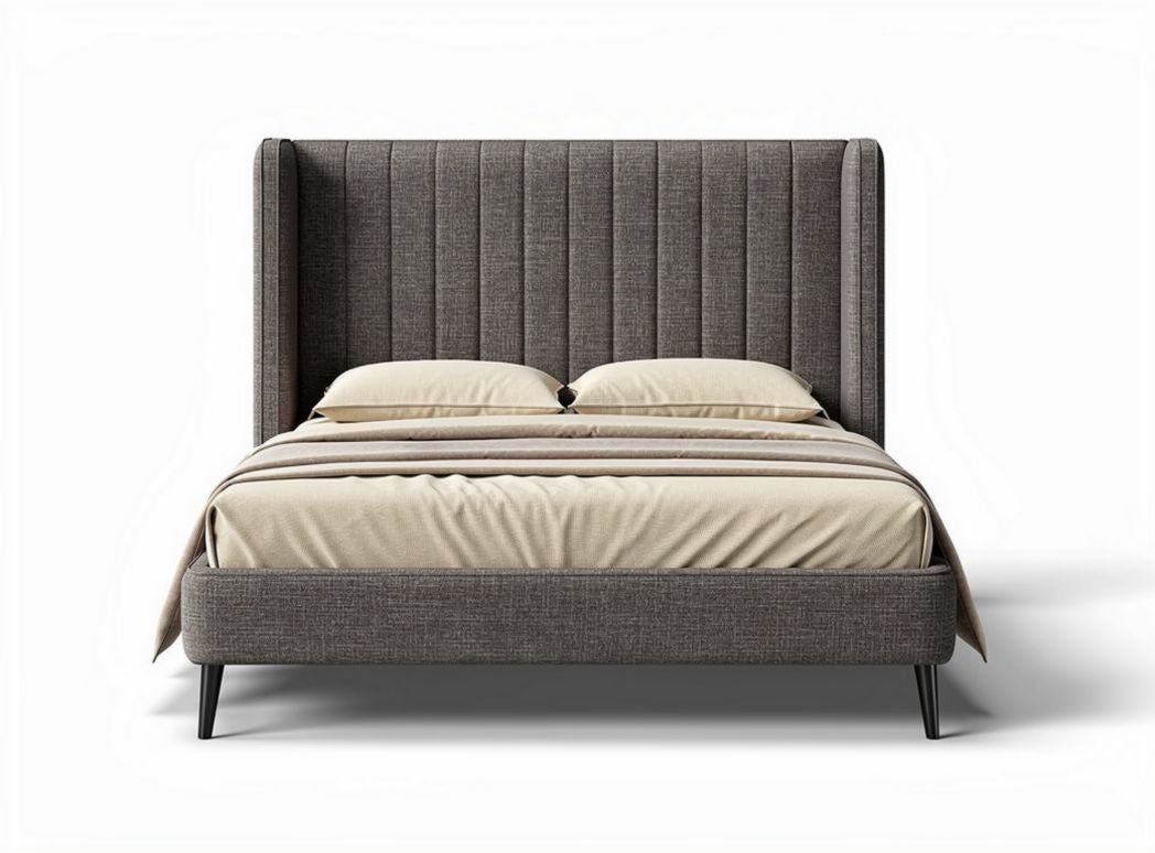Upholstered bed frame with high headboard in gray fabric 200 x 160 x 100cm