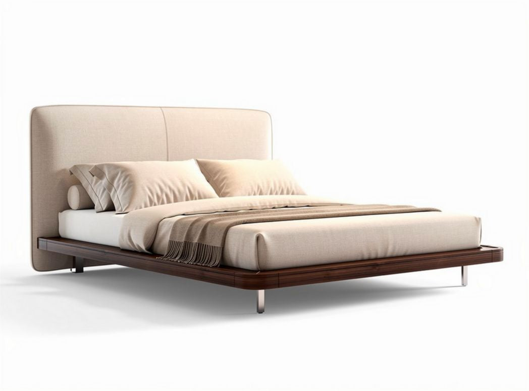 Modern upholstered bed frame in beige fabric with wooden platform 200 x 160 x 40cm