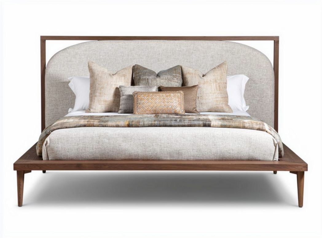 Wood frame platform bed with upholstered headboard and decorative pillows 200 x 180 x 110cm